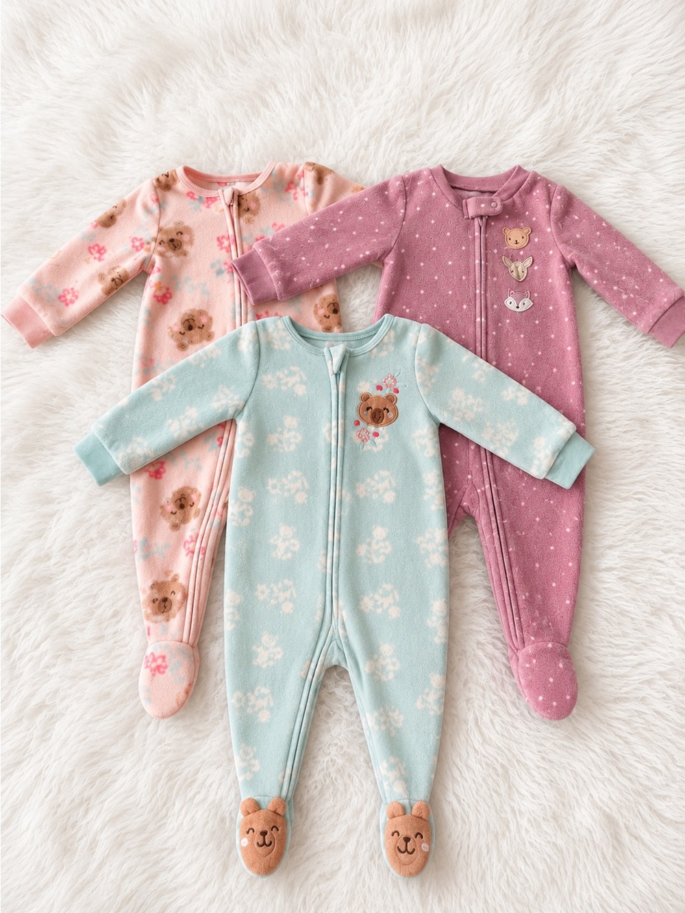 3-Pack Cozy Footed One-Pieces in Pink, Mauve, and Mint for Babies